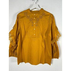 J.Crew Womens Ruffle-Sleeve Top with Embroidered Eyelet Medium Mustard AR971 New